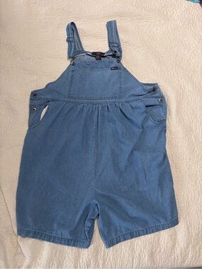 Maternity Lightwash Denim Short Overalls- roomy size Large